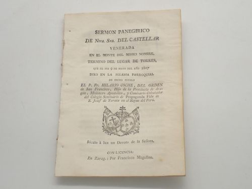 Portada del libro de Sermón panegírico de Ntra. Sra. del Castellar venerada en el monte del mismo nombre, término del lugar...