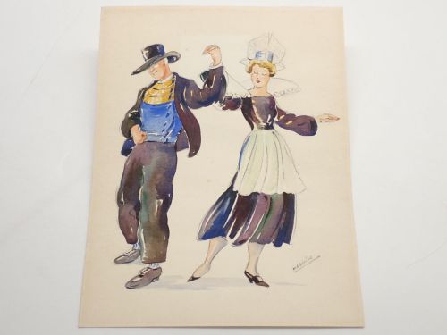 Pareja de personajes bailando con vestidos tradicionales de Bretaña [ACUARELA]