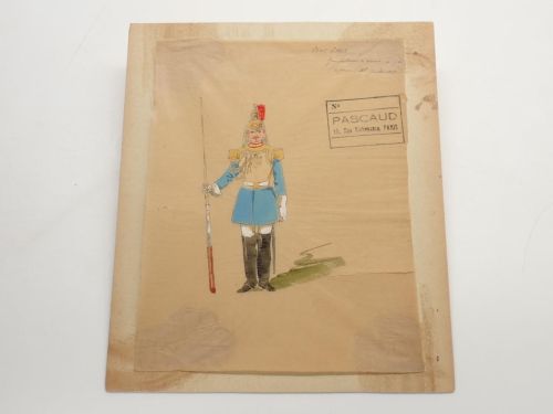 Dibujo original de un coracero con el sello de la Maison Pascaud de París