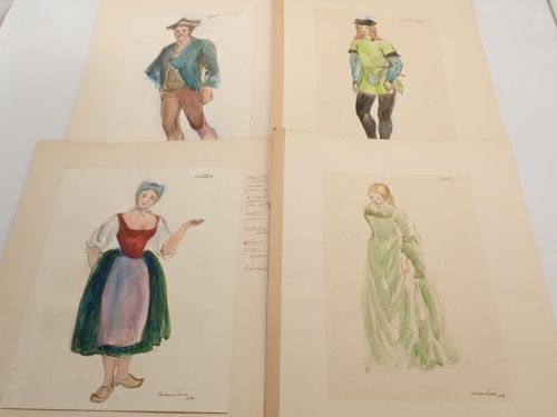 4 dibujos originales con modelos de vestuario para una obra de teatro, probablemente 