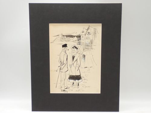 Dos personajes en una playa. Dibujo original firmado R. Leduc