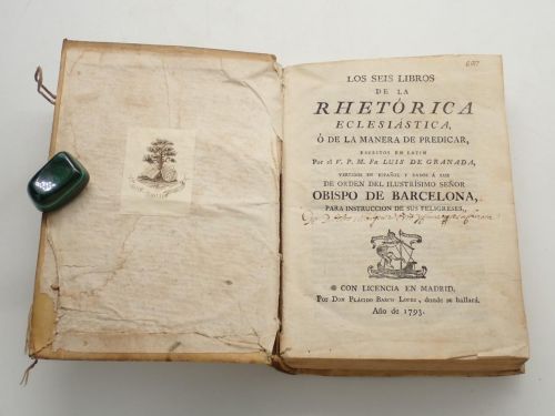 Portada del libro de Los seis libros de la rhetórica eclesiástica, o de la manera de predicar, escritos en latín por el V.P....