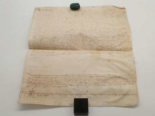 Contrato de compraventa entre una autoridad feudal y Joan Balla, campesino [MANUSCRITO EN LATÍN SOBRE PERGAMINO]