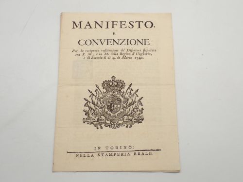 Portada del libro de Manifesto e convenzione per la reciproca restituzione de' Disertori stipulata tra S.M., e la M. della...