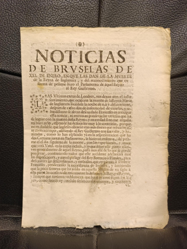 Portada del libro de Noticias de Bruselas de XXI de enero, en que las dan de la muerte de la Reyna de Inglaterra, y del reconocimiento...