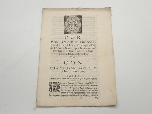 Portada del libro de Por Don Agustín Espínola, Cavallero de la Orden de Santiago, y Doña Francisca María Espínola su hermana,...