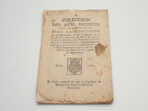 Portada del libro de Colección del Real Decreto de 27 de febrero de 1767 para la execución del Estrañamiento de los Regulares...