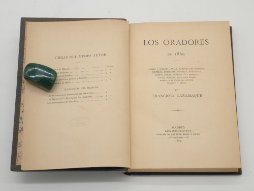 Portada del libro de Los oradores de 1869. Aparisi y guijarro, Ayala, Cánovas del Castillo, Castelar, Echegaray, Figueras,...