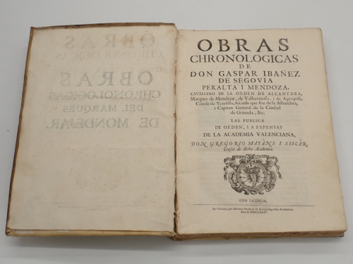 Portada del libro de Obras chronologicas de don Gaspar Ibáñez de Segovia Peralta i Mendoza,…, Marqués de Mondéjar,… Las publica...