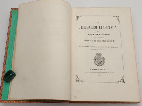 Portada del libro de La Jerusalem libertada de Torcuato Tasso, puesta en verso castellano y dedicada a la Reina Doña Isabel...