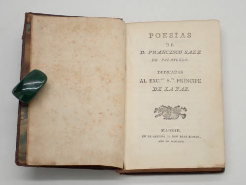 Portada del libro de Poesías de D. Francisco Sáez de Parayuelo: dedicadas al Excmo. Sor. Príncipe de la Paz