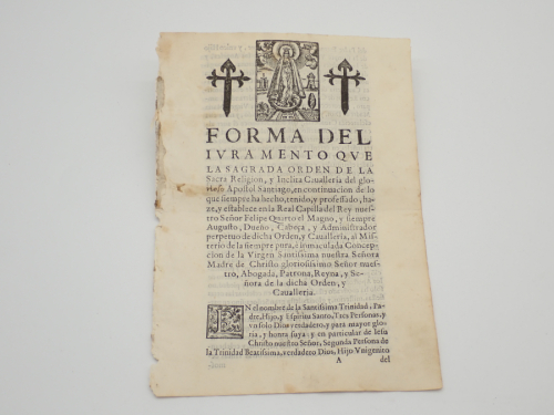 Portada del libro de Forma del juramento que la Sagrada Orden de la Sacra Religión, y Ínclita Caballería del glorioso Apóstol...