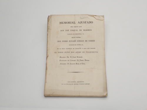 Portada del libro de Memorial ajustado del pleyto que don José Pasqual de Marimón, Marqués de Serdañola, &c. sigue contra...