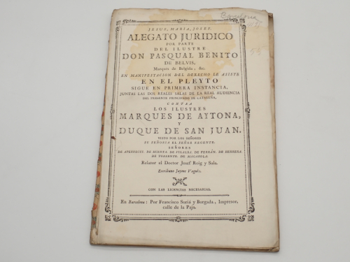 Portada del libro de Alegato jurídico por parte del ilustre don Pasqual Benito de Belvis, Marqués de Belgida, &c. en manifestación...