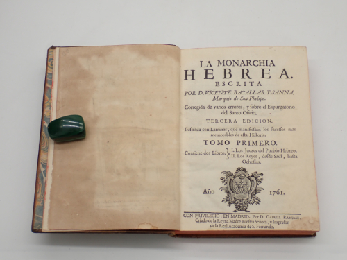 Portada del libro de La monarchia hebrea [...] Corregida de varios errores, y sobre el Expurgatorio del Santo Oficio. TERCERA...