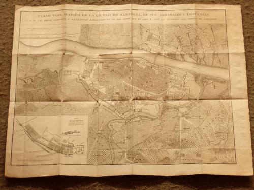 Portada del libro de Plano topográfico de la ciudad de Zaragoza, de sus arrabales y cercanías, y de las obras ofensivas y...