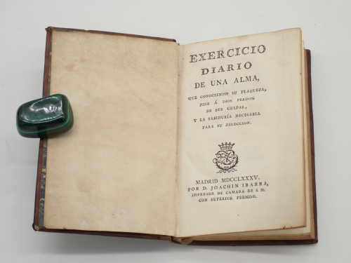 Portada del libro de Exercicio diario de una alma, que conociendo su flaqueza, pide a Dios perdón de sus culpas, y la sabiduría...