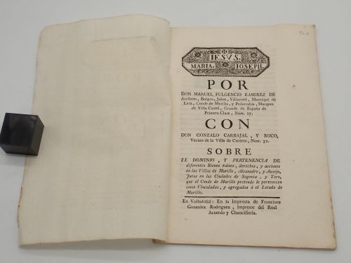 Portada del libro de Iesus, Maria, Ioseph. Por don Manuel Fulgencio Ramírez de Arellano, Burgos, Jalón, Villarroel, Manrique...