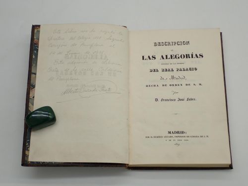 Portada del libro de Descripción de las alegorías pintadas en las bóvedas del Real Palacio de Madrid, hecha de orden de S.M.