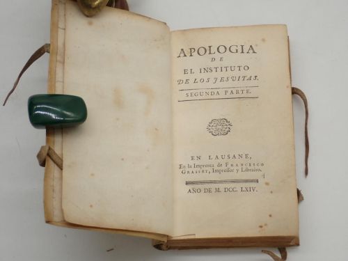 Portada del libro de Apología de el Instituto de los Jesuítas. Segunda parte