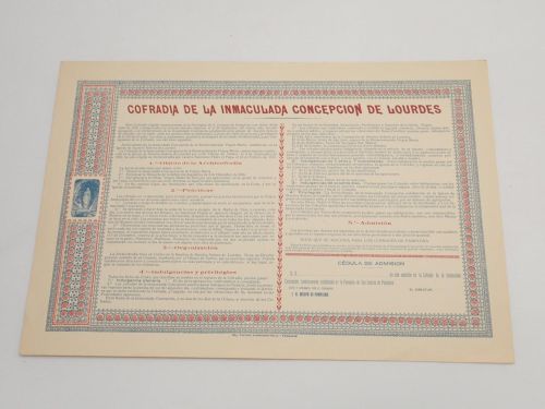 Portada del libro de Cofradía de la Inmaculada Concepción de Lourdes. Cédula de admisión. Esta Cofradía erigida canónicamente...