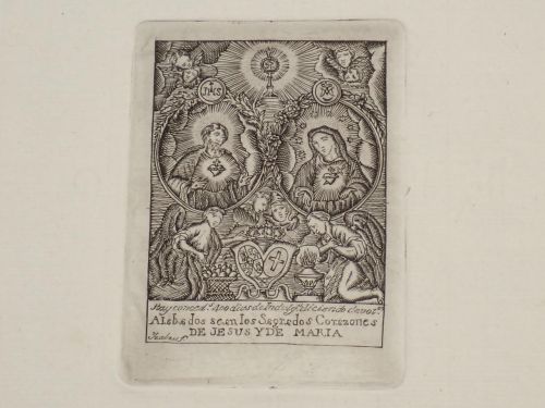 Portada del libro de Estampa calcográfica con los corazones de Jesús y María