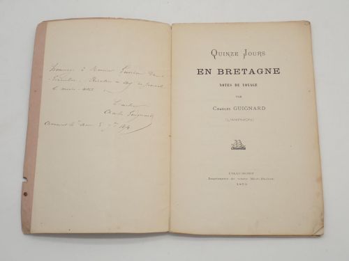 Portada del libro de Quinze jours en Bretagne. Notes de voyage [DEDICATORIA MANUSCRITA DEL AUTOR A HENRI GOURDON DE GENOUILLAC]
